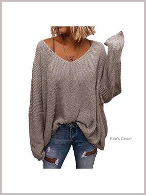 Waffle Knit V Neck Long Sleeve Oversized Pullover Sweater Top